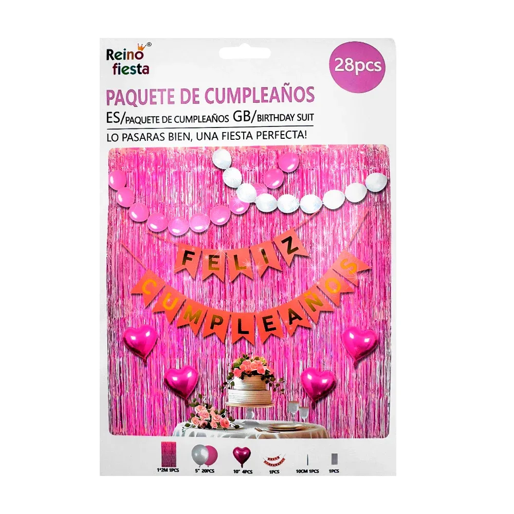 Paquete cumpleaños con 28pcs cortina, guirnalda y globos, tonos metálicos