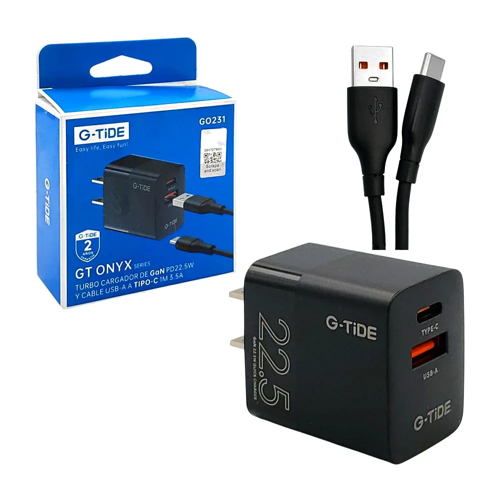 Cubo cargador g-tide con puerto usb-tipo c y cable con entrada usb a tipo c + bolsa funda / gt onyx / go231