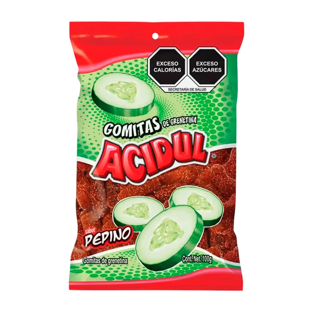 Bolsa de gomitas acidul sabor pepino con cubierts de mezcla picosa, 100g / pge100