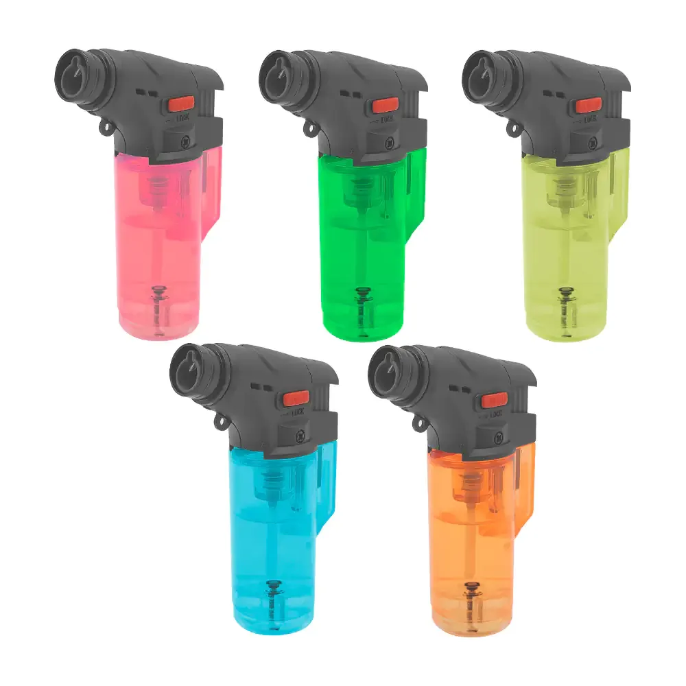 1pza Encendedor tipo soplete recargable con botón de seguridad, 7.5cm, variedad de colores