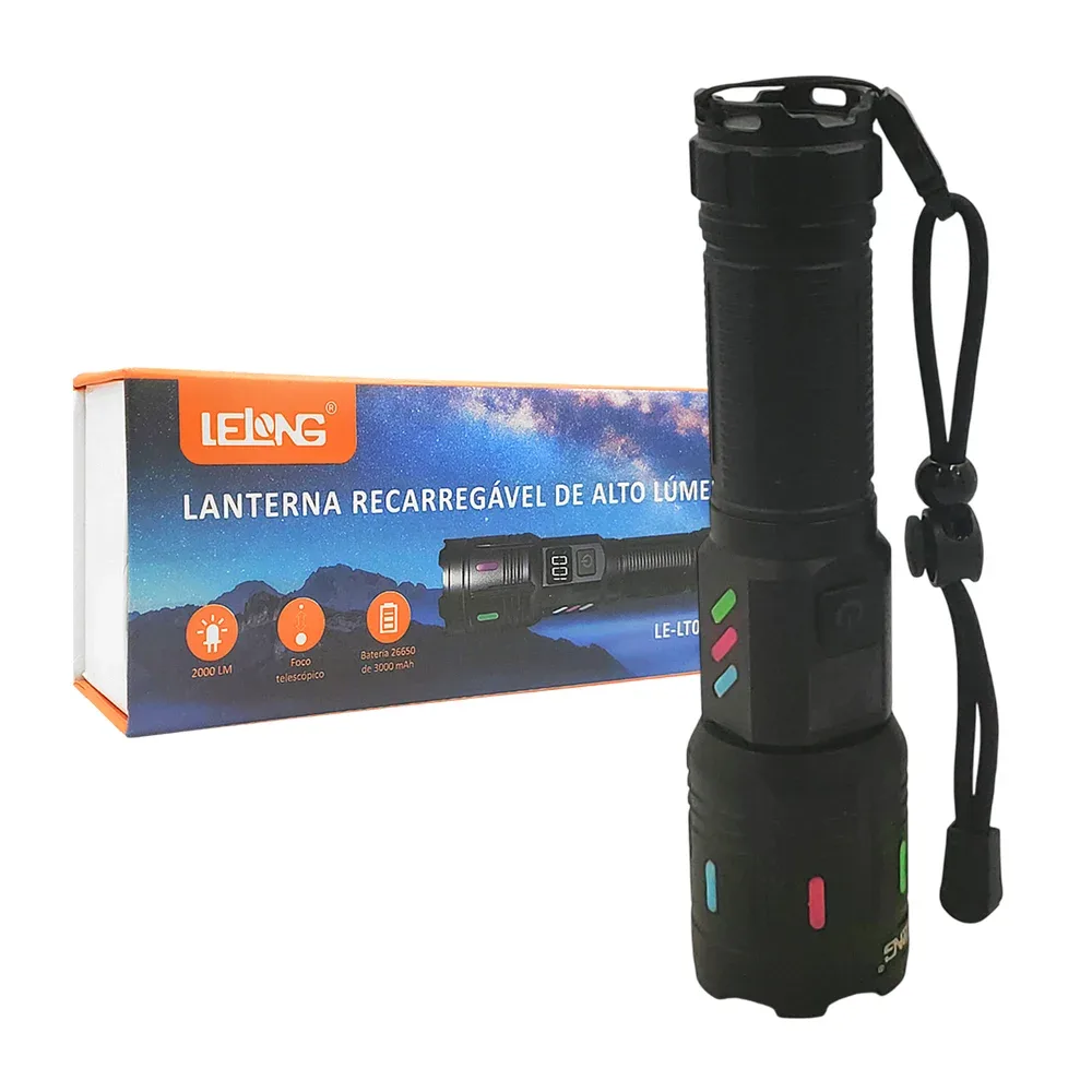 Linterna de mano con foco telescópico, distintos modos de luz + correa y funda