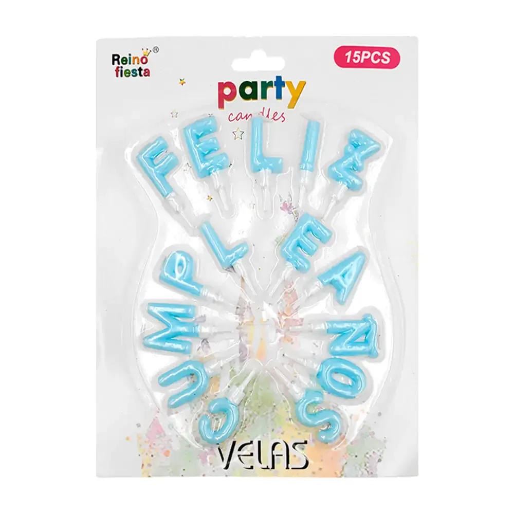 Blíster reino fiesta con 15 velas para cumpleaños con diseño de letras azules