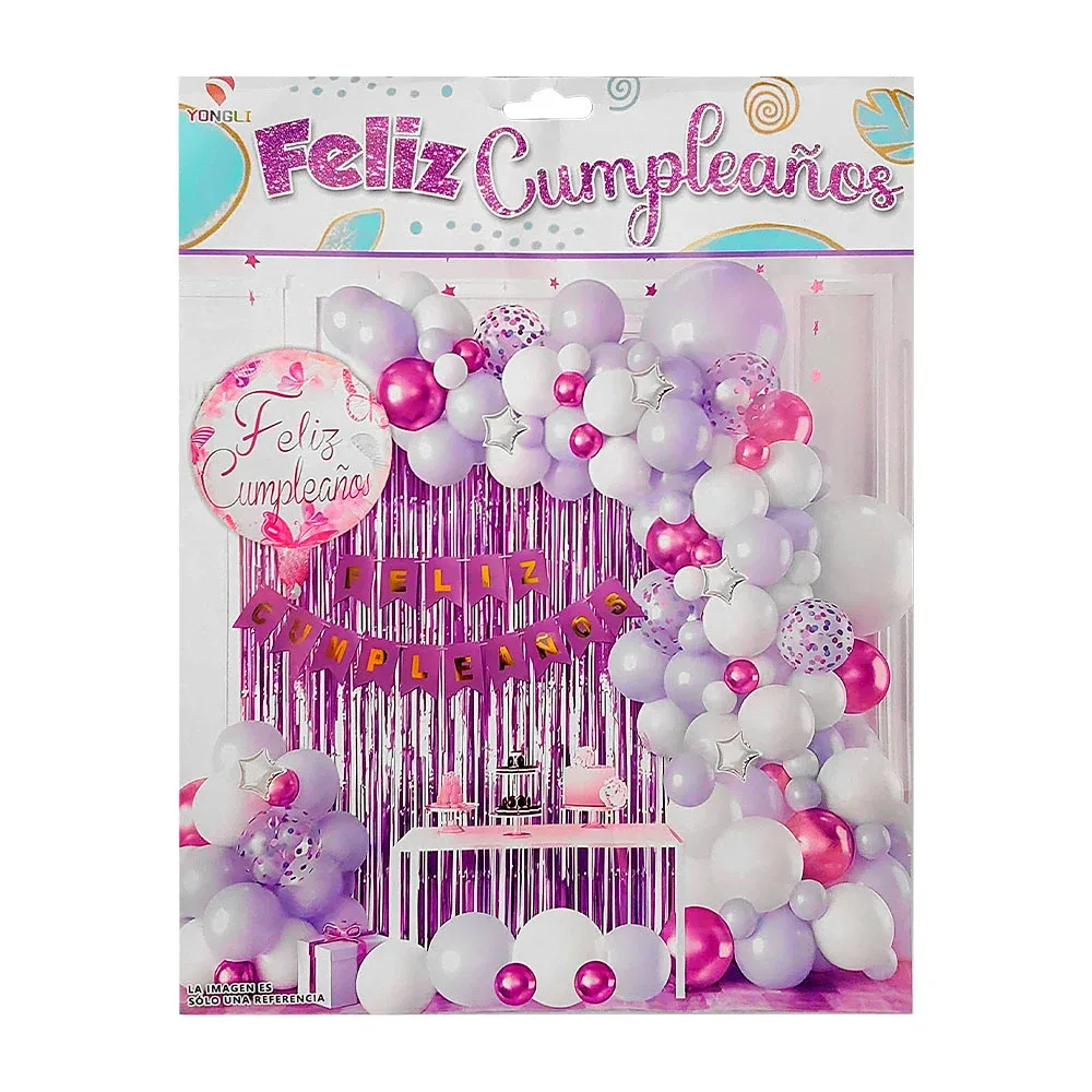 Kit decorativo de fiesta con 61 pcs y globos tonos morados + cortina metálica