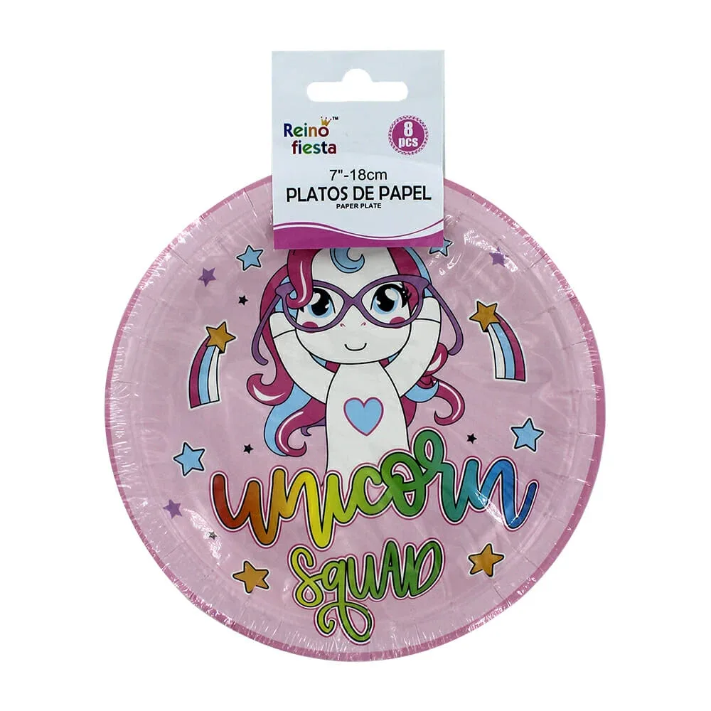 Paquete con 8 platos redondos reino fiesta de 7 pulgadas con diseño de unicornio para pastel / unicorn squad