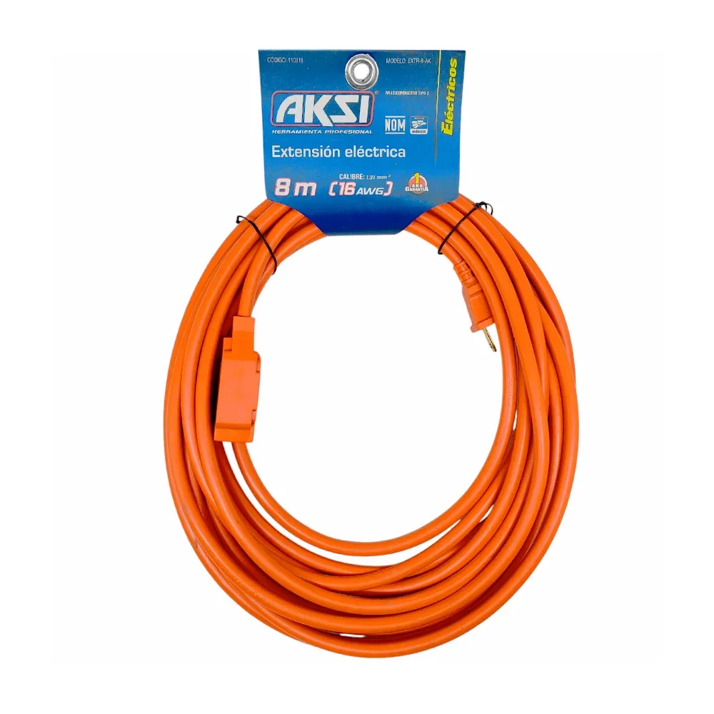 Extensión naranja eléctrica aksi de uso rudo con 3 contactos y 8 metros de longitud / extr-8-ak