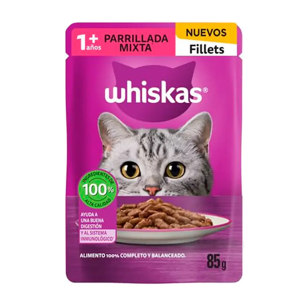 1pz alimento húmedo whiskas fillets sabor parrillada mixta para gatos adultos, 85g / 5911