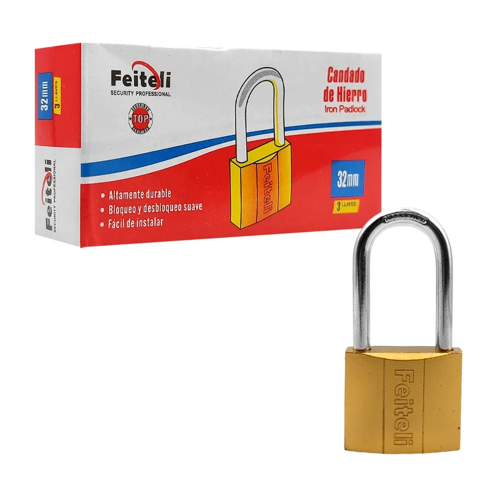 Candado feiteli chico de hierro con gancho alto, 32mm nivel de seguridad medio, anticorrosión + juego de llaves / e1l32