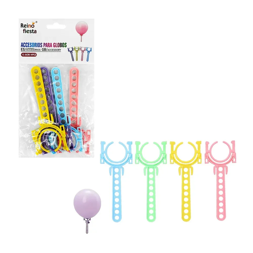 Paquete con 4 porta globos de 12.5cm, variedad de colores, reino fiesta / 60059