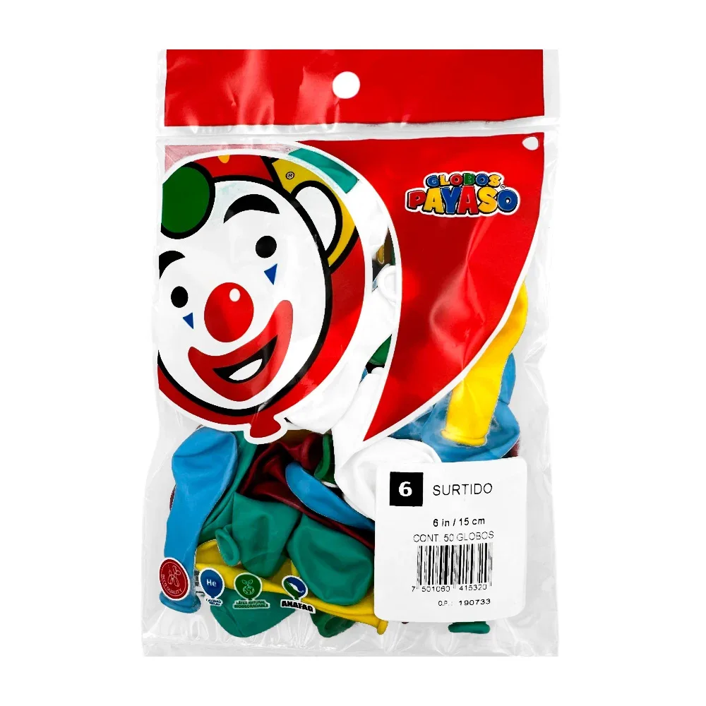 Paquete con 50 globos payaso de 6 in - 15 cm en colores surtidos / 415320