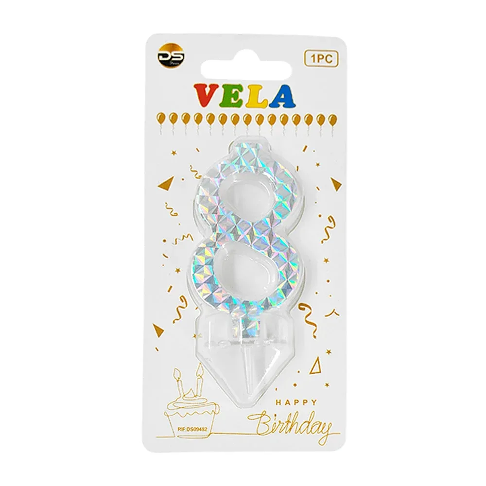 1pza Vela holográfica plateada con el no.8 para pastel de cumpleaños / ds09482