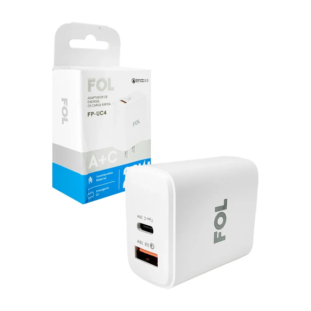 Cubo cargador fol con puerto usb y tipo c de carga rápida, 20w / fp-uc4