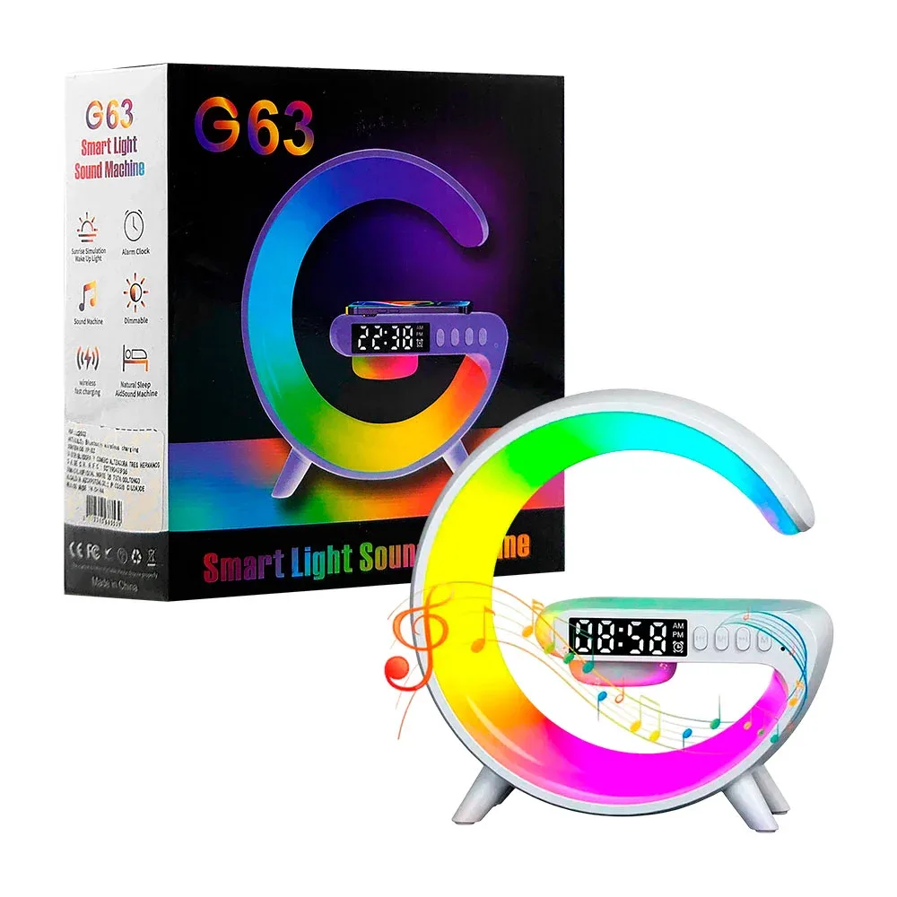 Mini bocina en forma de g, luz rgb con reloj despertador y cargador magnético