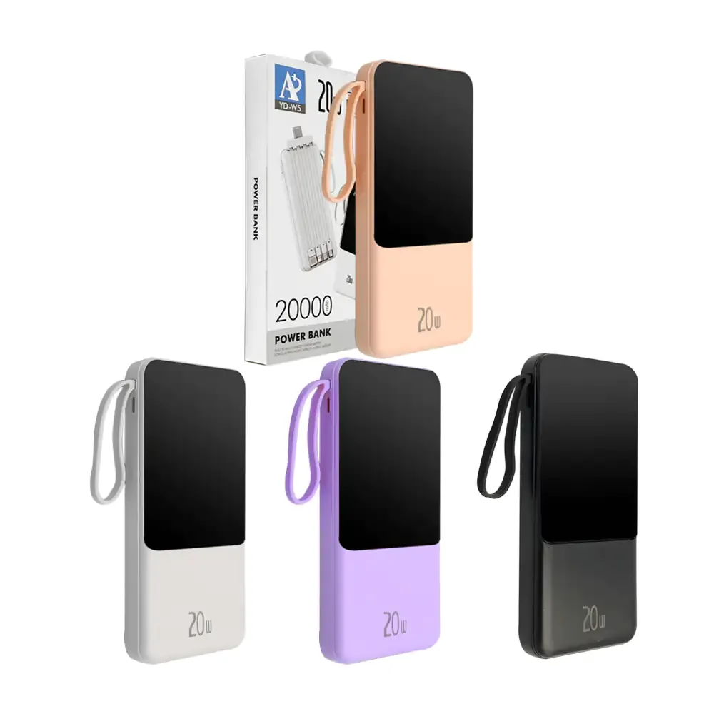 Power bank de 20000mah con 4 cables de carga, distintas entradas y pantalla digital