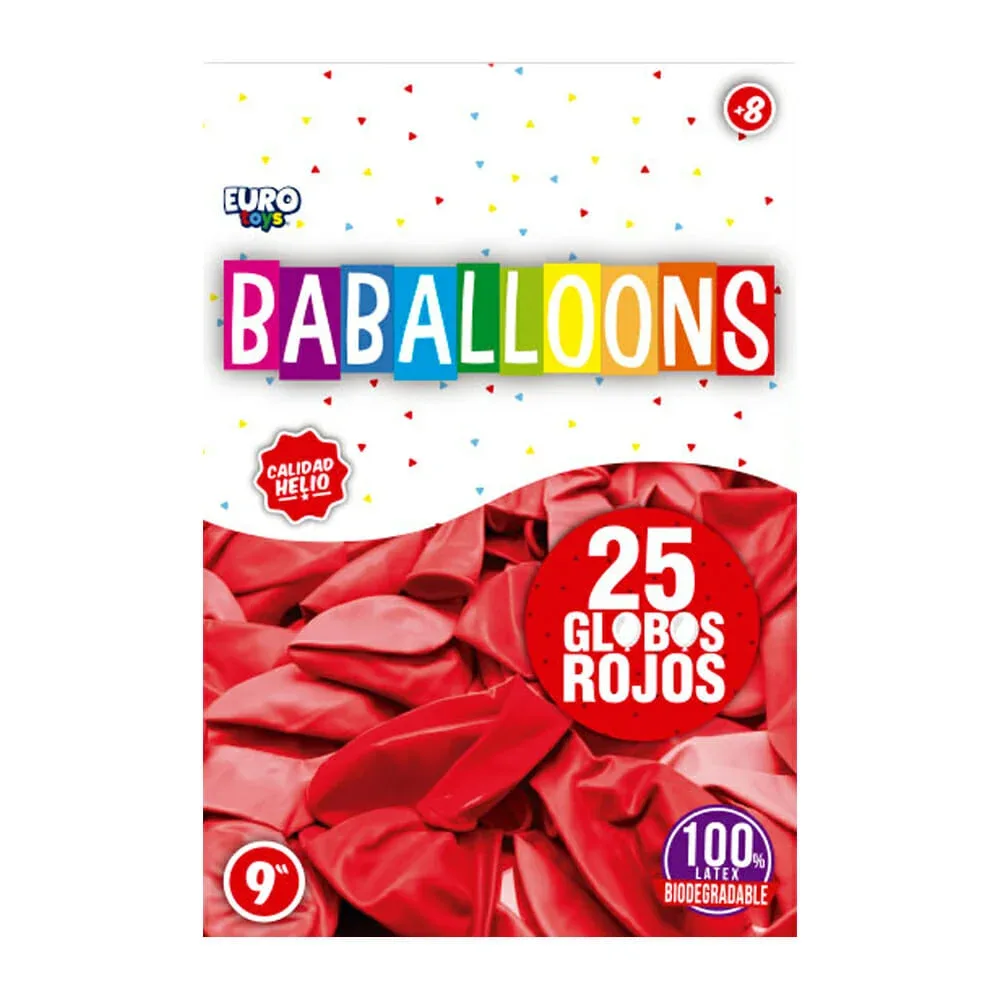 Paquete con 25 globos euro toys color rojo de látex no.9 / glrj0925