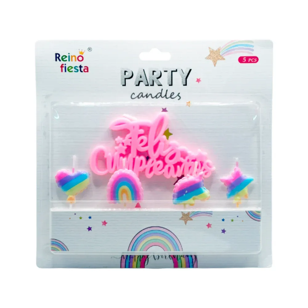 Paquete con 5 velas de feliz cumpleaños con figuras multicolores / 52461