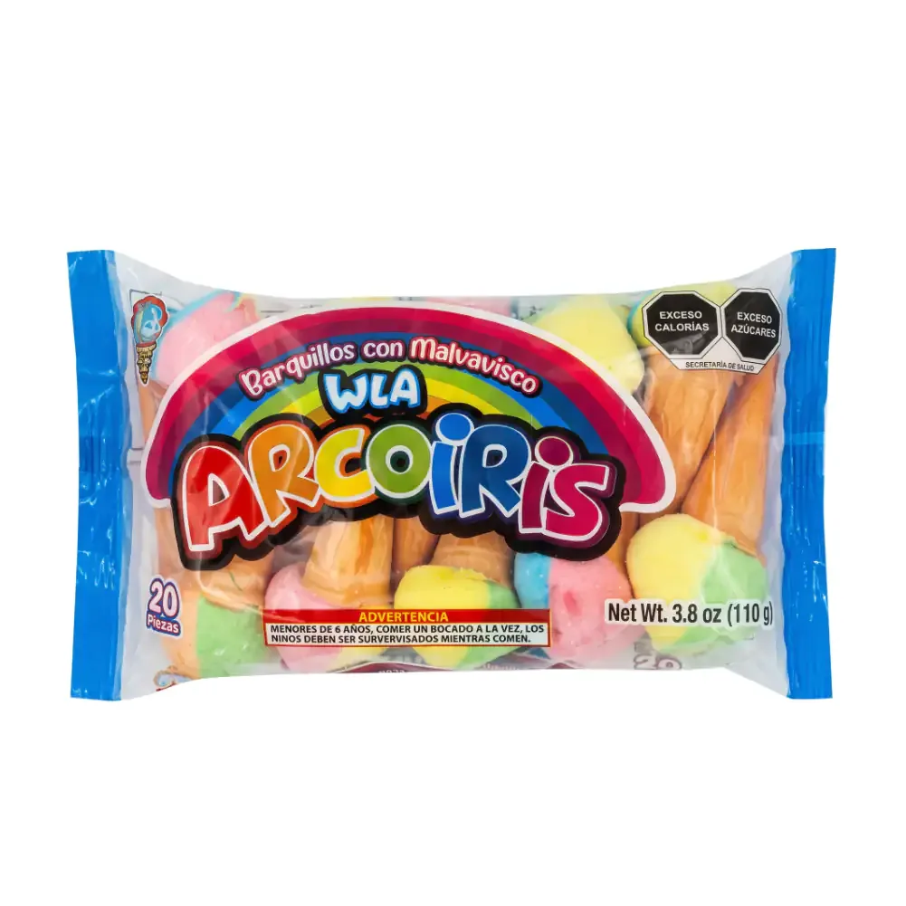 Bolsa con 20pzas de barquillo arcoiris con malvavisco relleno de jalea, 110g, variedad de sabores