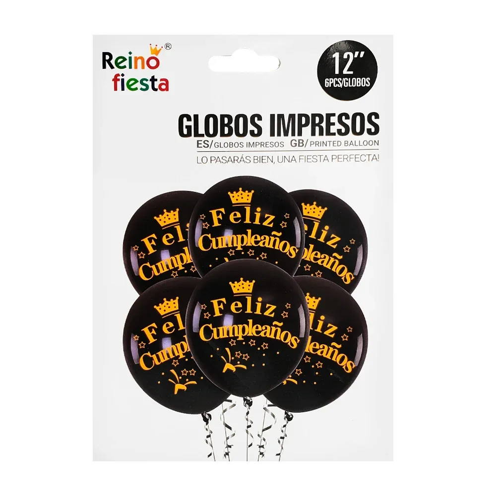 Paquete 6 globos de latex de 12´ impresos con frase feliz cumpleaños / 50308