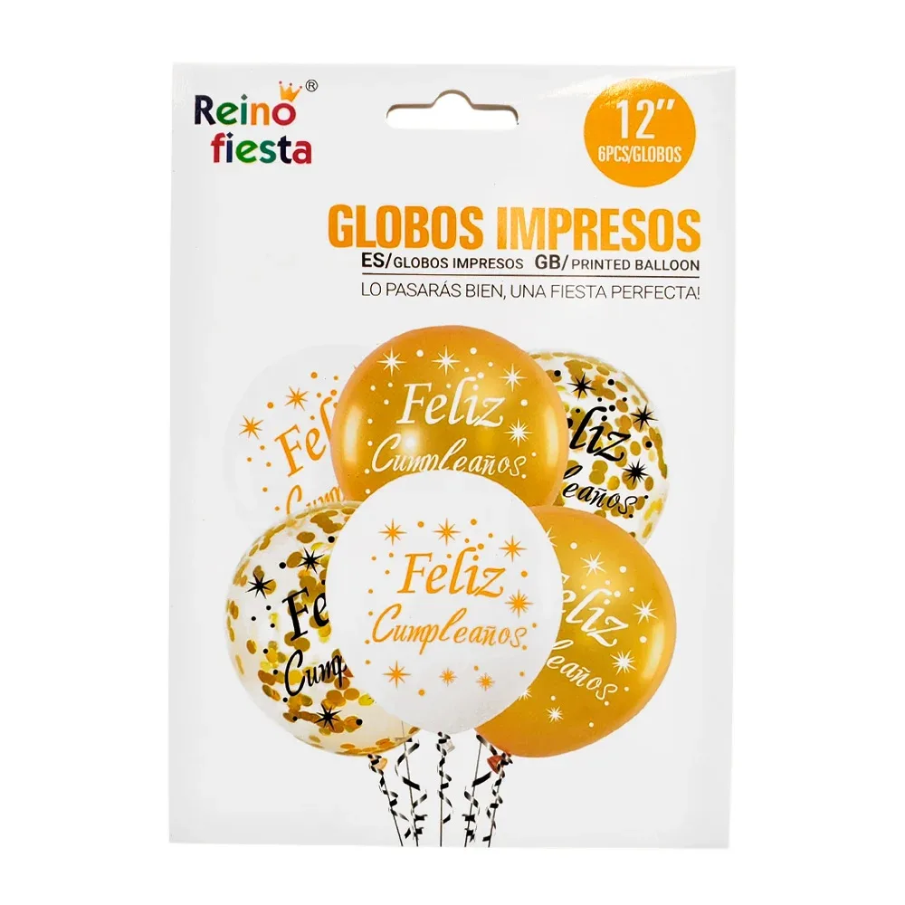 Paquete con 6 globos en color dorado, 12 pulgadas y estampado felíz cumpleaños