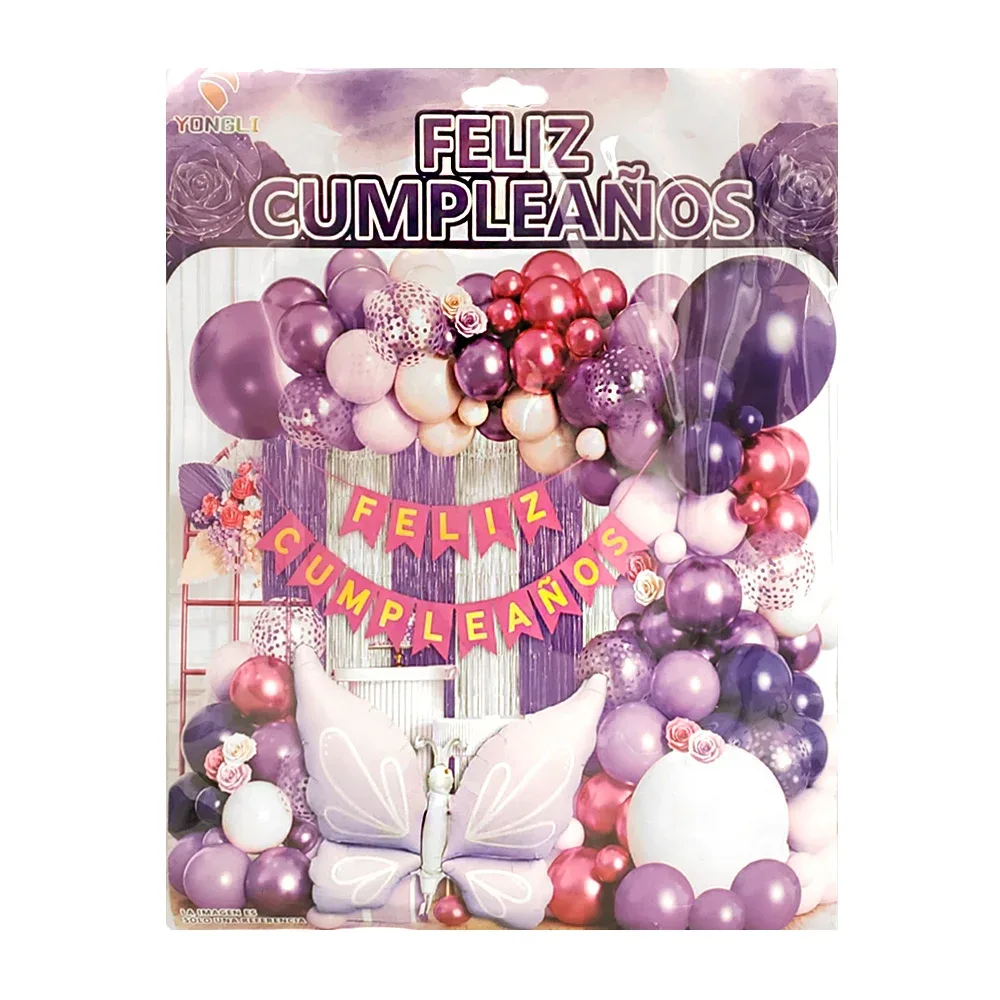 Paquete de 41 globos, variedad de morados, banderín feliz cumpleaños y mariposa