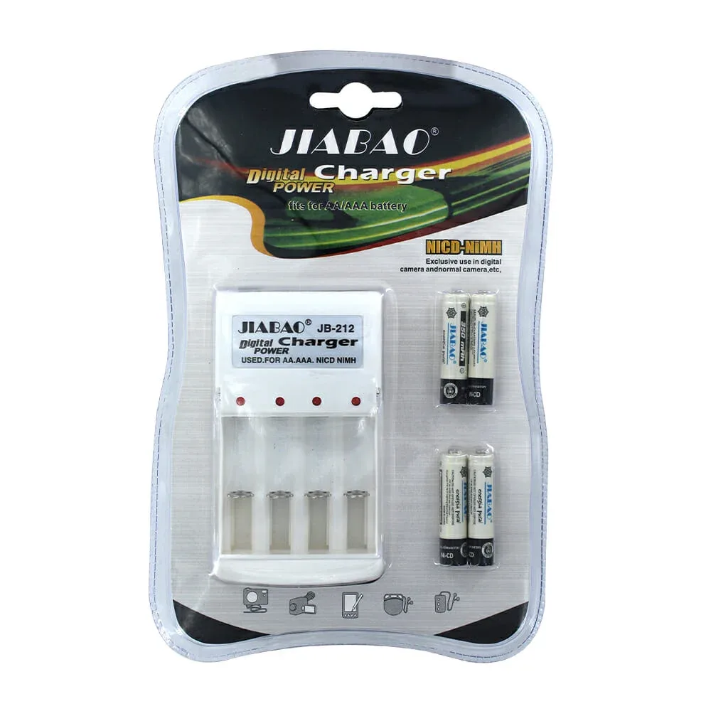 Cargador universal jiabao para baterías recargables, y 4 baterías doble A o triple A / dc17 / jb-212 / dc-1902 / bh-d7 / bh-d5