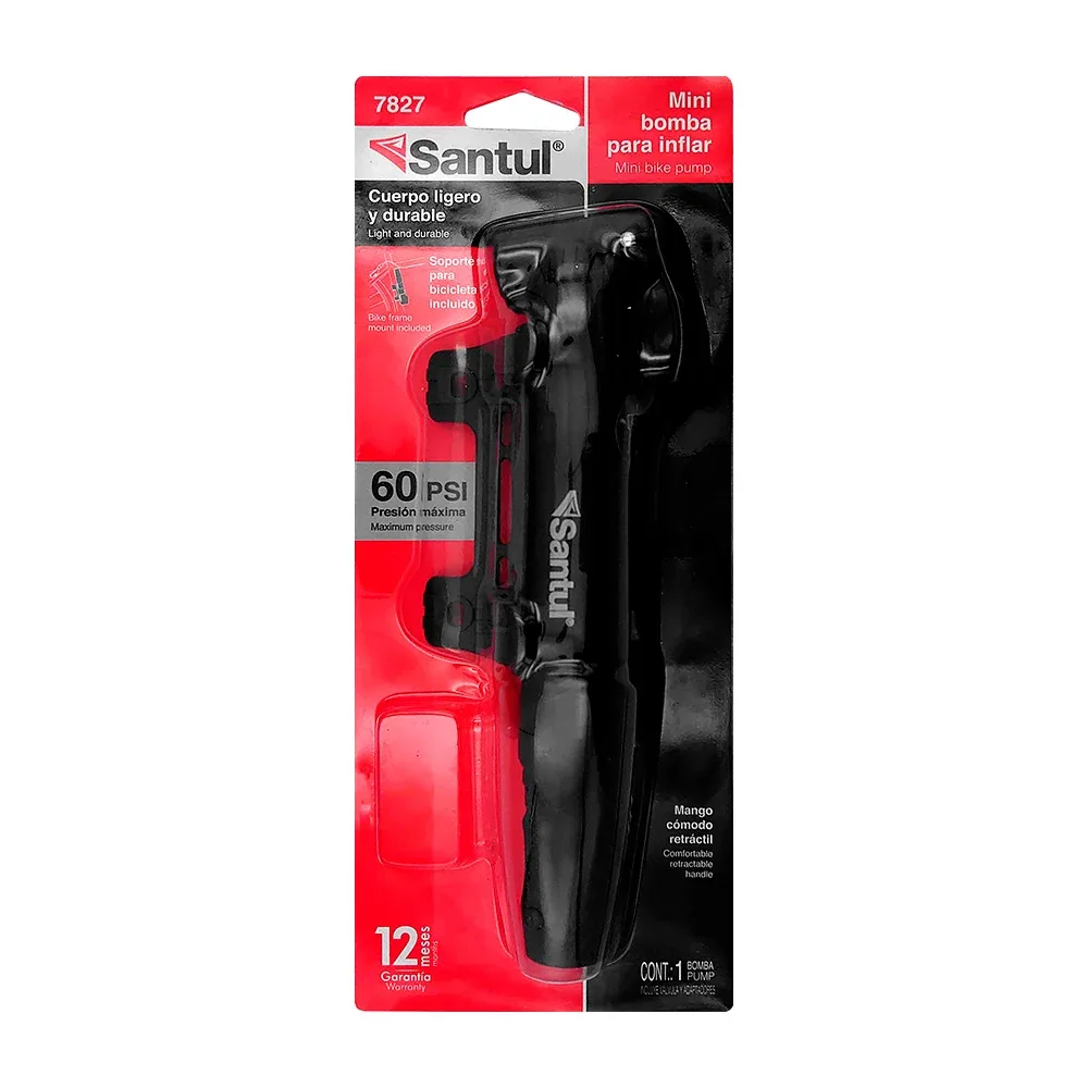 Mini bomba manual santul para inflar bicicletas, multiusos, con mango ergonómico y retráctil / 60psi / 0424