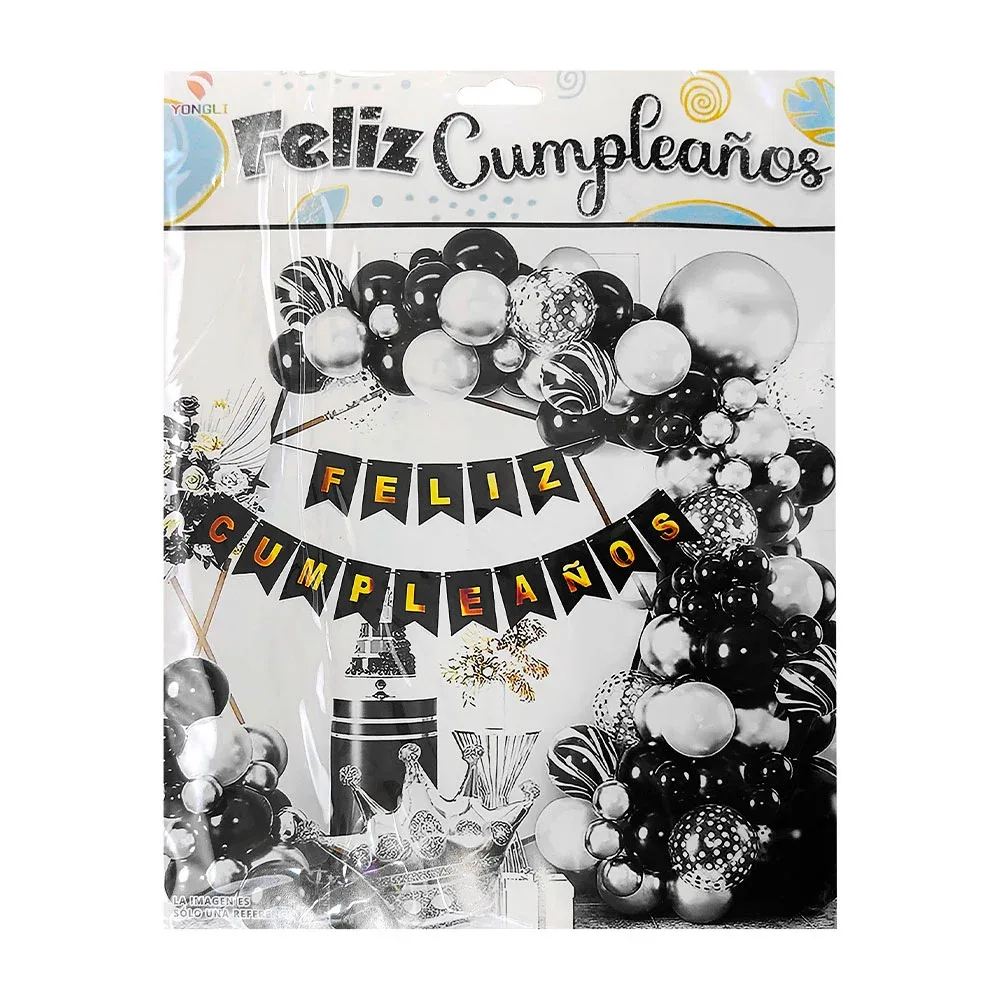 Set decorativo feliz cumpleaños, 43pz globos blanco con negro + guirnalda
