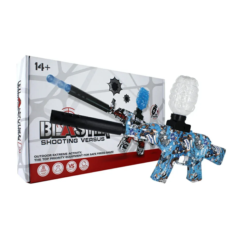 Pistola / ametralladora recargable de hidrogel 7-8mm, diseño tipo grafiti azul con calaveras / blaster shooting / 456-2