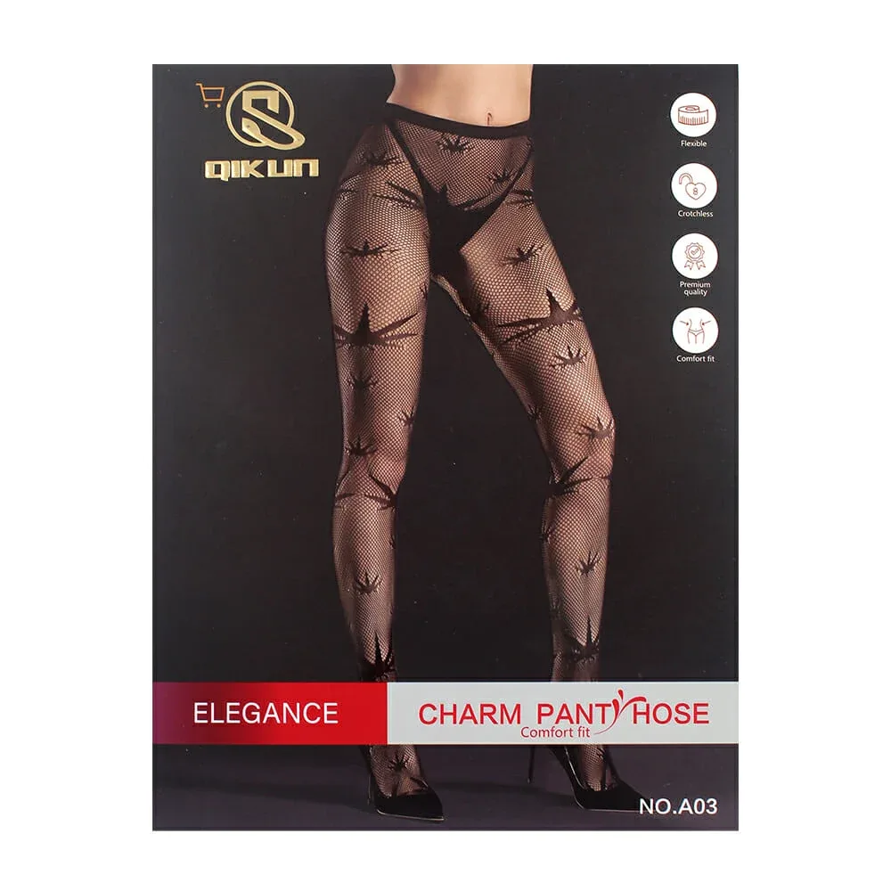 Pantimedias negras de tipo red qikun con diseño de hoja planta / a03