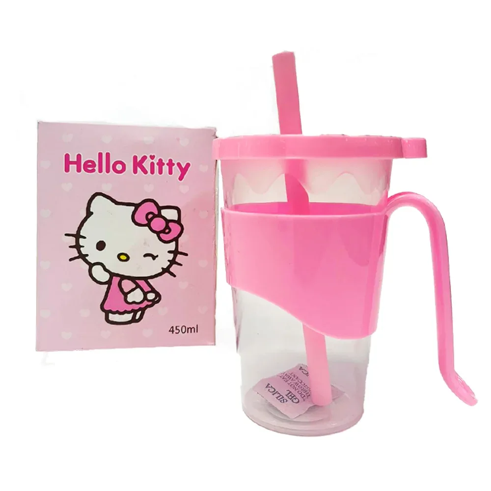 Vaso de plástico con agarradera, tapadera y popote con diseño de hello kitty / 49356001