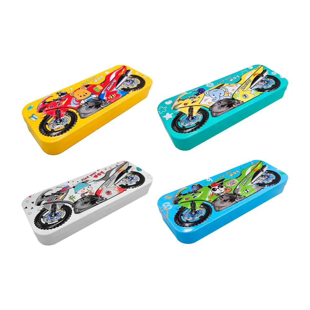 Estuche lapicera metálico con diseño de animales y motos con relieve 3d variedad