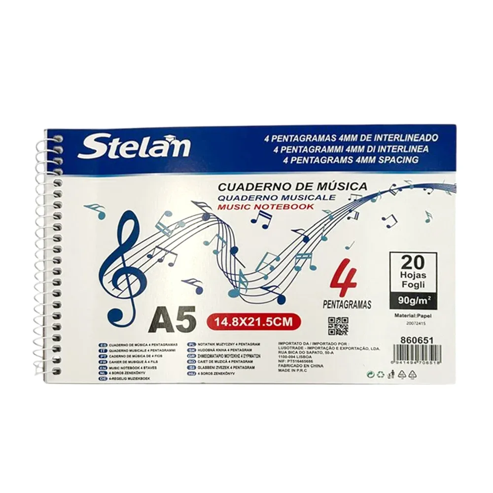 Cuaderno de música stelan con 20 hojas a5 de 4 pentagramas, 14.8x21.5cm / 860651