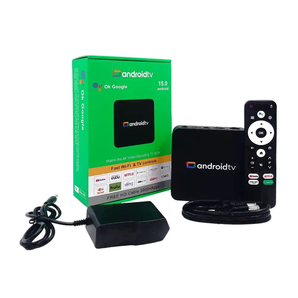 Tv box 4k ultra con android 15.0, entrada hdmi , control y asistente de google / tvbox.v