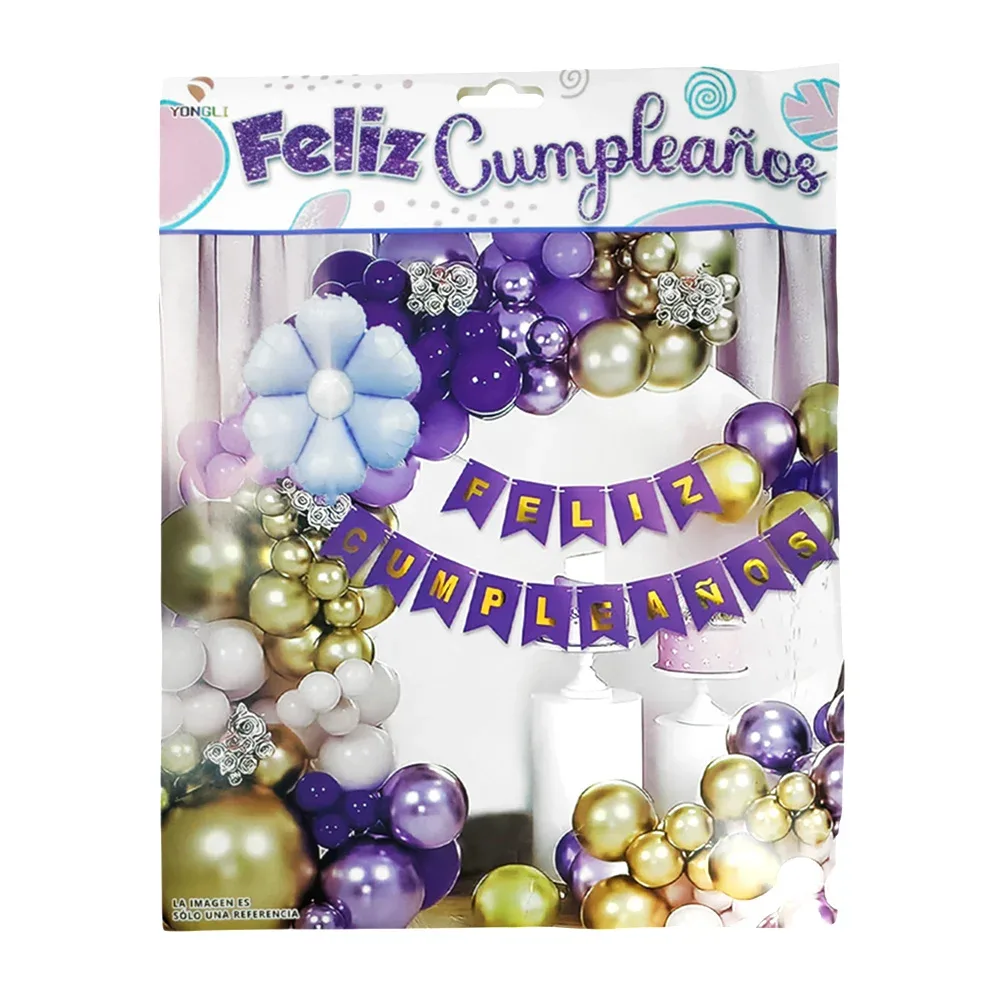 Kit decorativo de fiesta con 62 pcs + globos con tonos morados y floreado