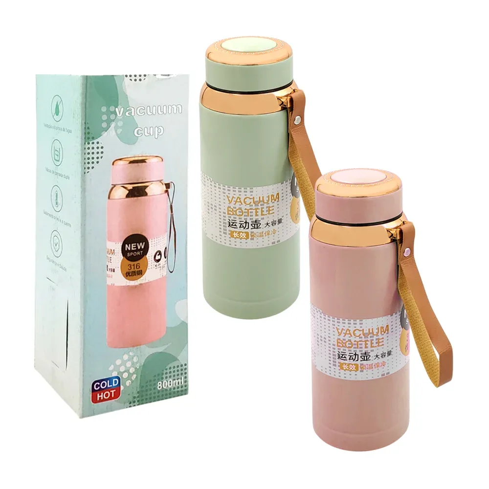 Botella termo sport de 800ml con detalles metálicos y asa de piel, variedad