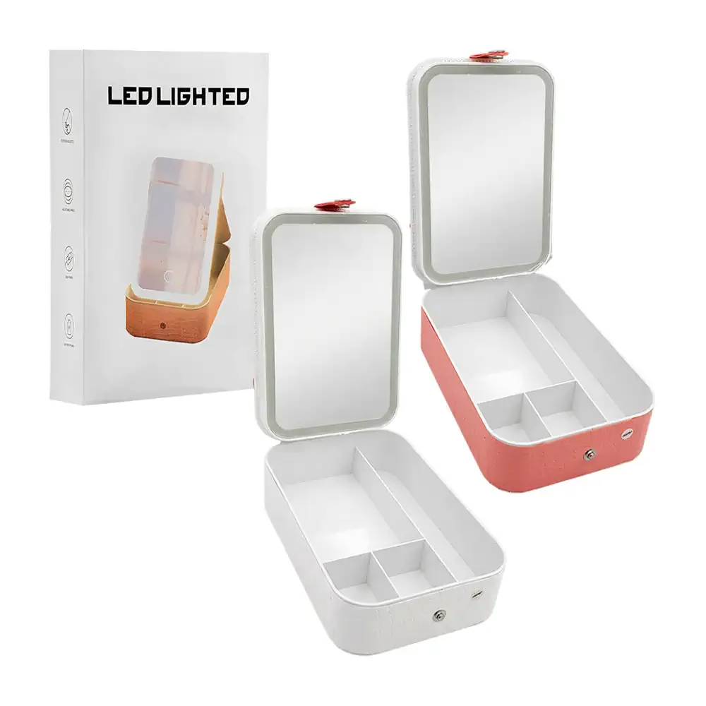 Estuche alhajero 2en1, 4 compartimentos, forro tipo piel + espejo con luz led