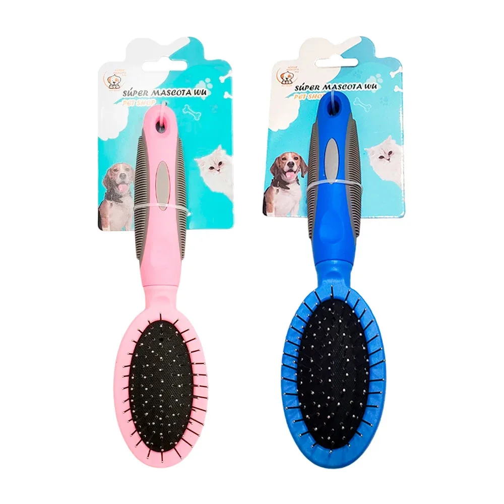 Cepillo para mascotas, con doble cerdas, metálicas y suaves, diseño ergonómico