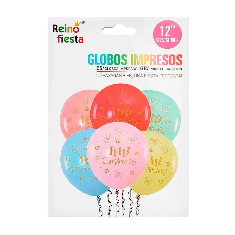 Paquete 6 globos de látex de 12´ impresos con frase feliz cumpleaños / 50320