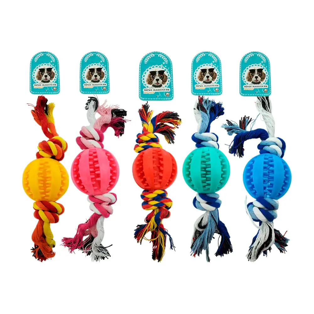 Mordedera para mascota de cuerda bicolor con pelota de silicón y 2 nudos / 73236