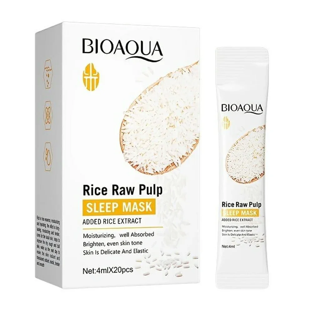 Caja con 20 mascarillas nocturnas bioaqua con extracto de arroz para hidratar la piel 4ml / rice raw pulp