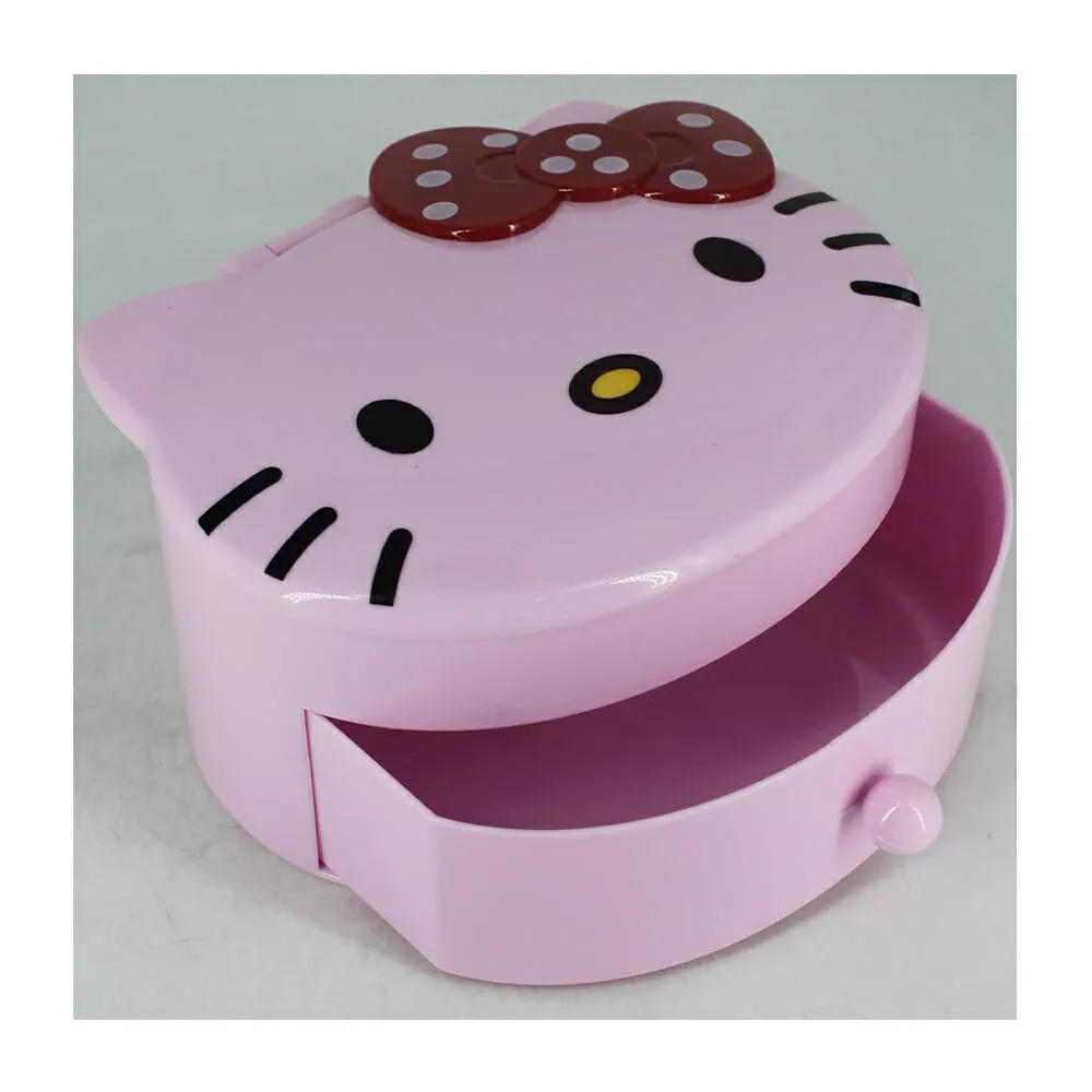 Estuche organizador ovalado de plástico con diseño de hello kitty, cajón, 4 compartimentos y espejo