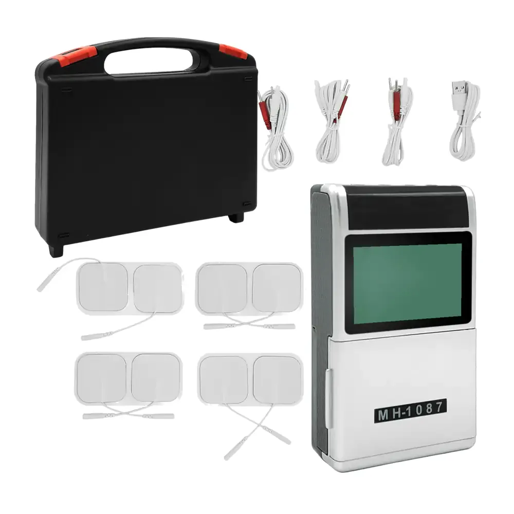 Estuche con maquina masajeadora para electroterapia y 4 conectores para parches