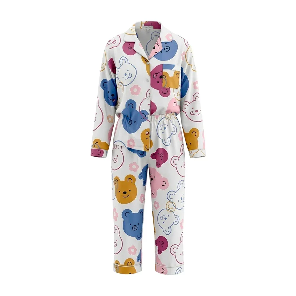 Conjunto pijama para adulto de 2 piezas, pans y camisa de manga larga con botones + diseño de osos de colores / 53002