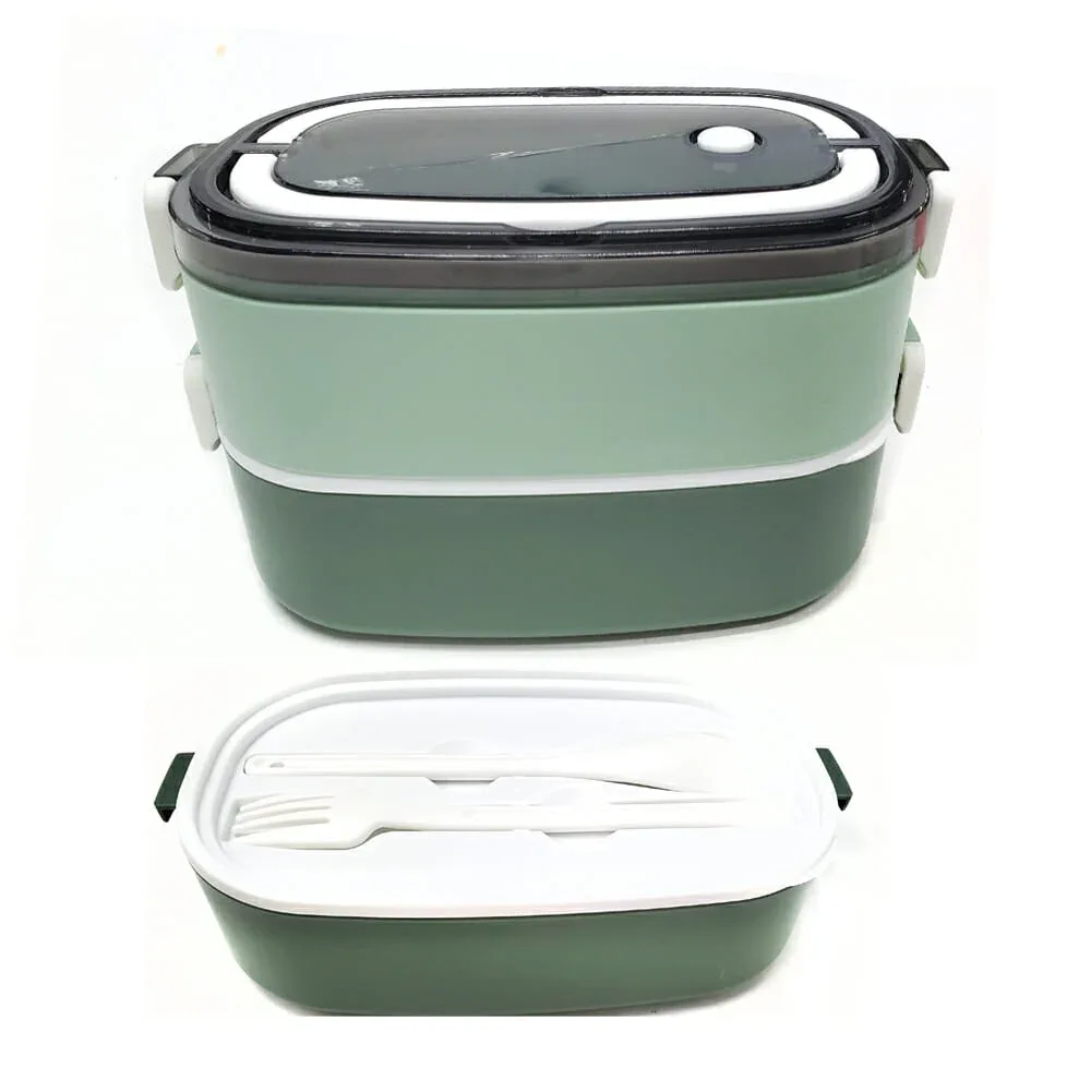 Tupper ovalado de 2 niveles con tapadera traslucida, cubiertos y accesorio para más compartimientos, variedad de colores / 23-fh-014