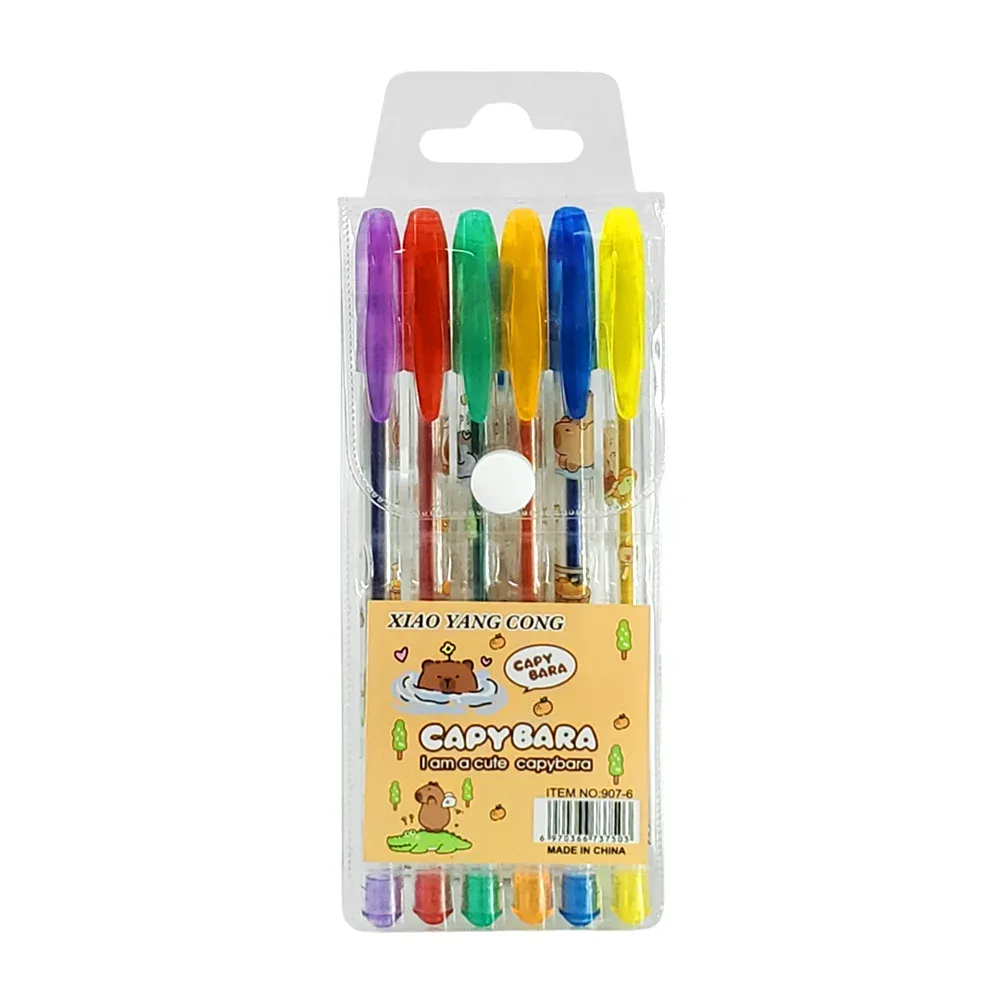 Paquete con 6 plumas de gel con diseño de capibara, variedad de colores neón