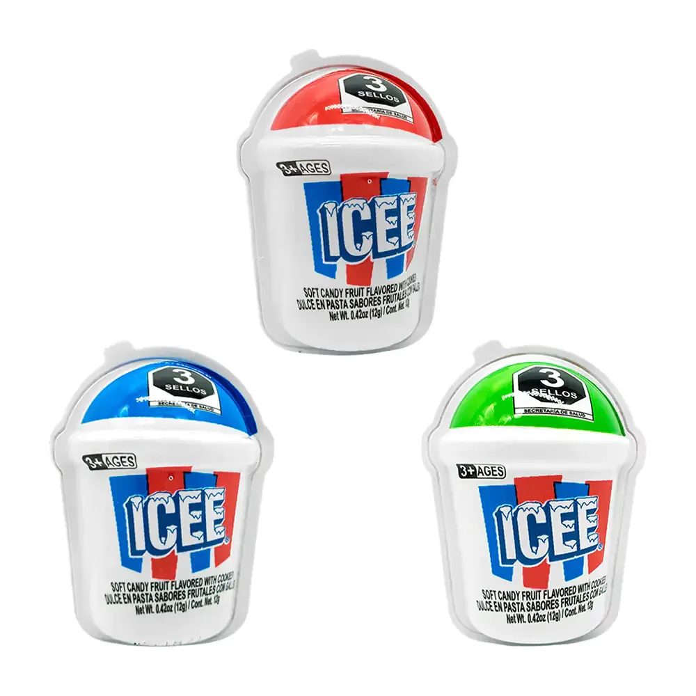 Mini vaso icee sorpresa con juguete + dulce cremoso sabor frutal con galleta, variedad