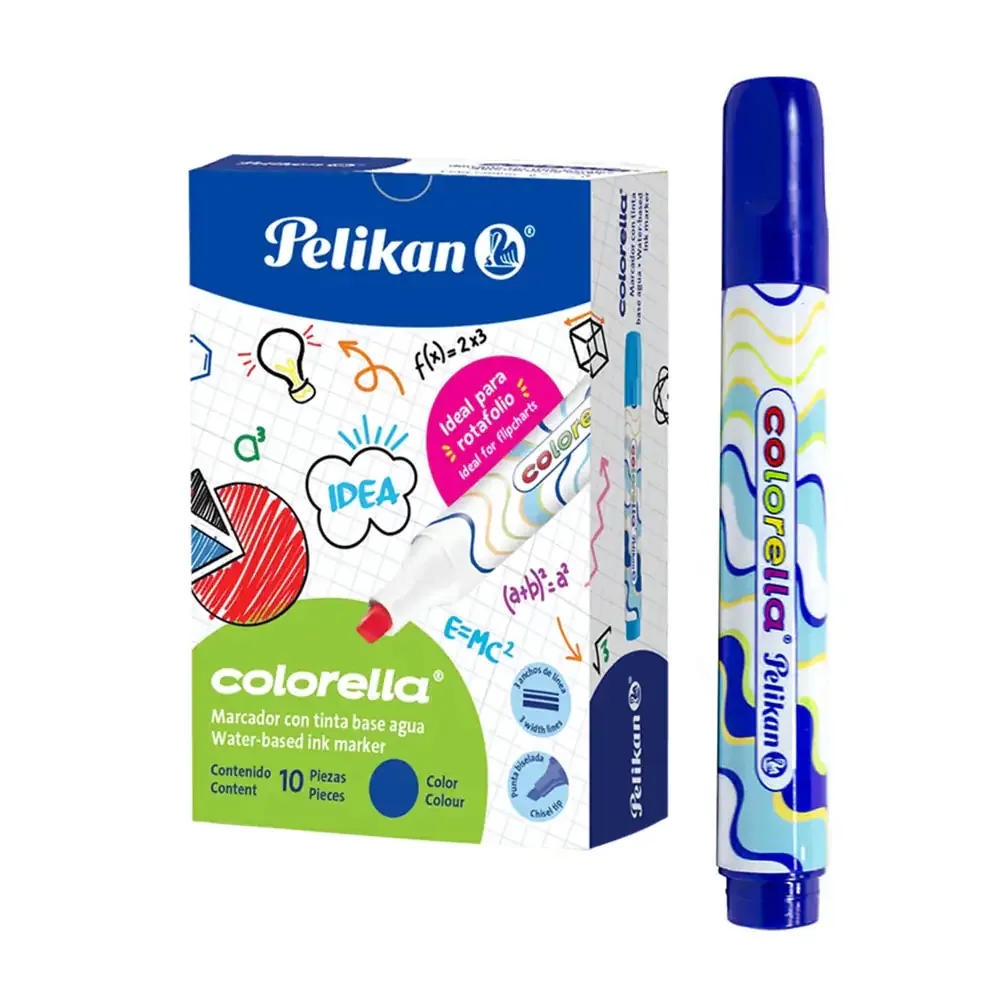 Paquete con 10 marcadores - plumones pelikan en color azul y punta biselada
