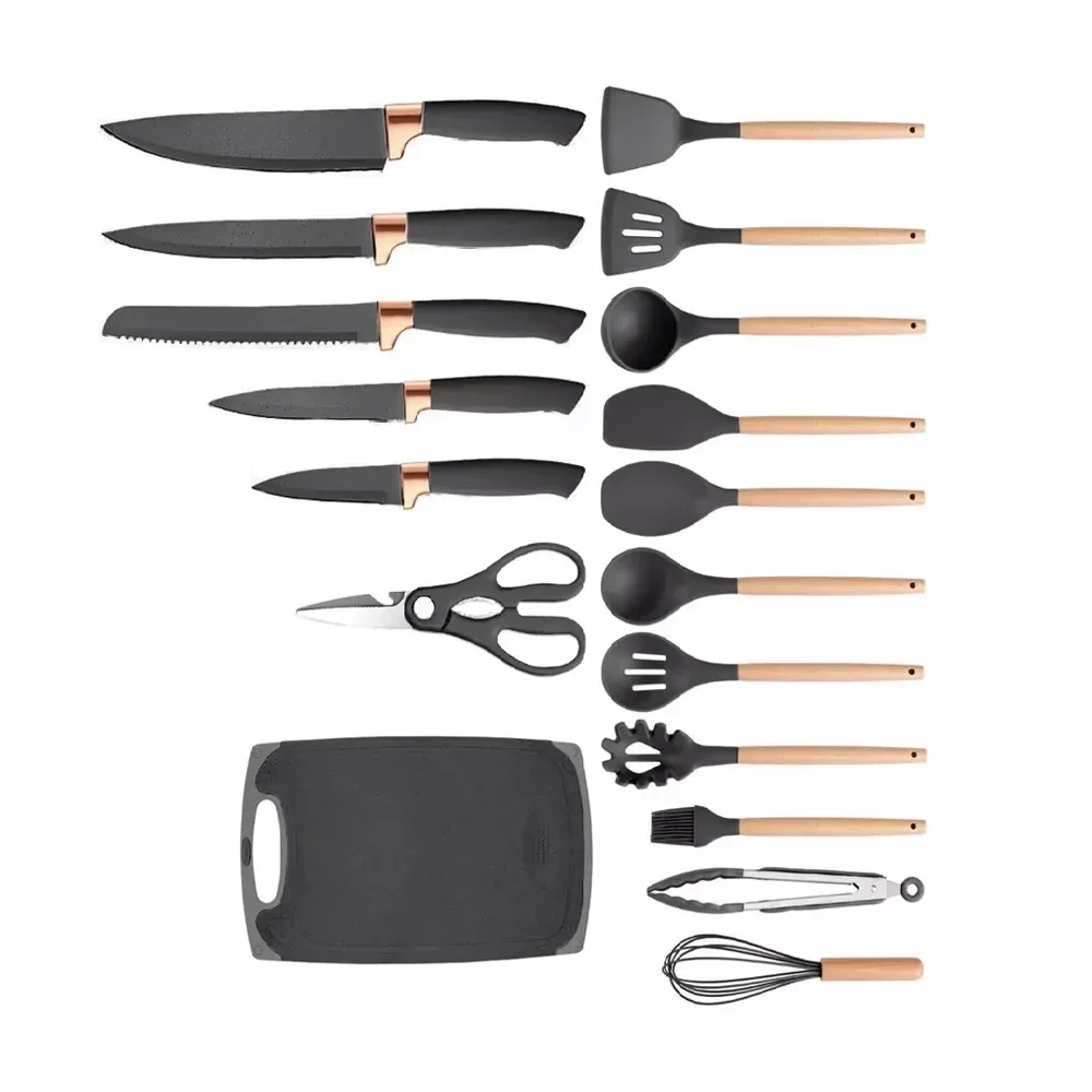 Set de 11 utensilios de silicón con madera, 5 cuchillos, 1 tijeras, 1 base para los utensilios y 1 tabla para picar / kitchenware set / 80846