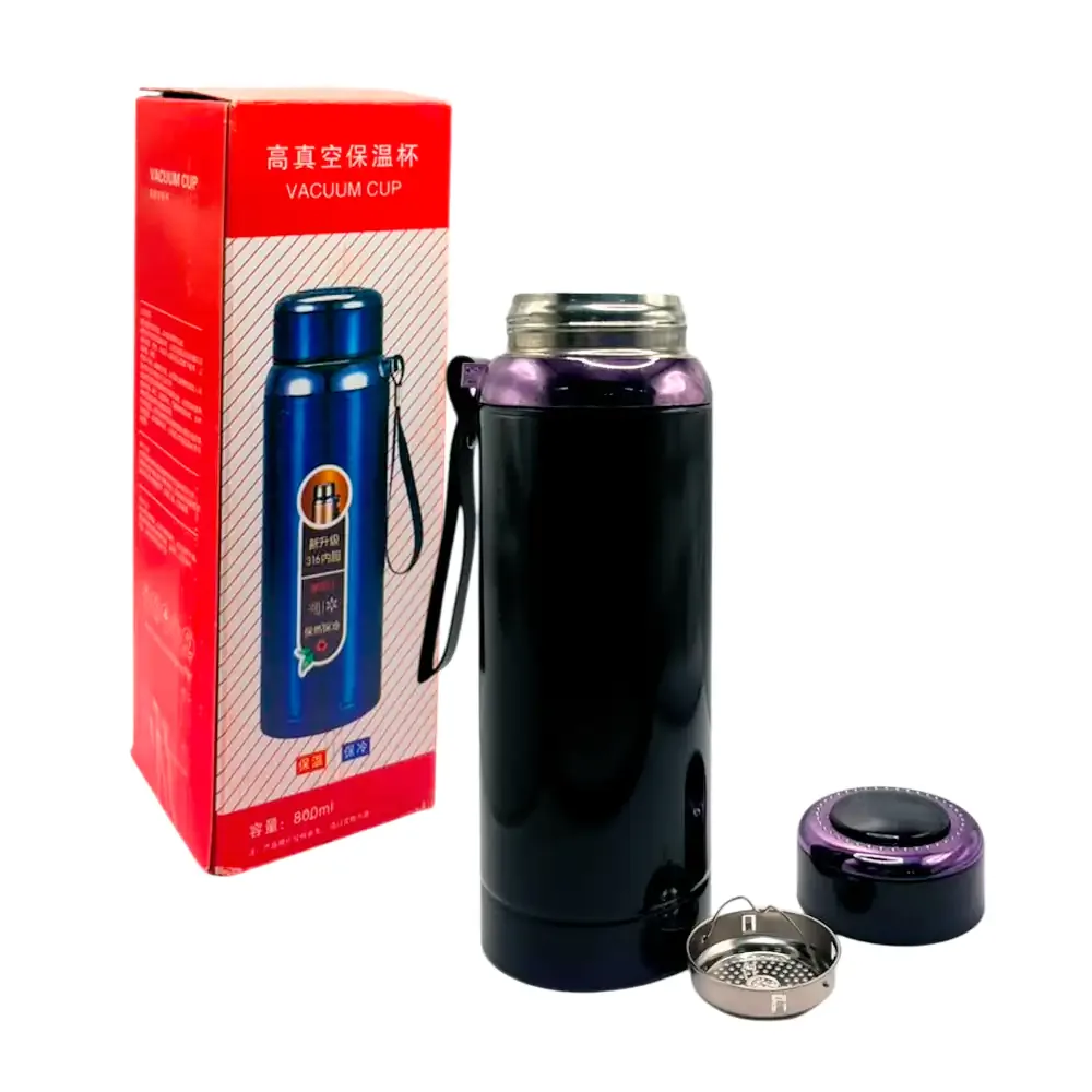 Botella termo liso de acero inoxidable con capacidad de 800ml + correa de mano, variedad de colores