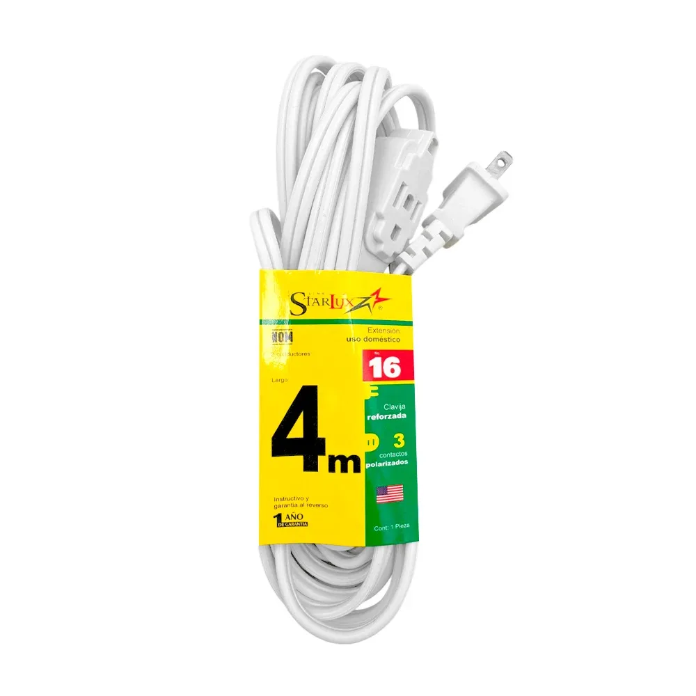 Extensión starlux blanca uso doméstico de 4 metros con 3 contactos / stp-2 / extb4