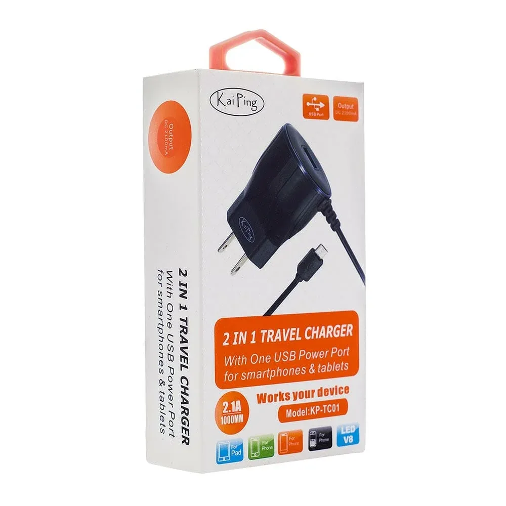 Cargador de 1 pza con salida a v8 y entrada adicional a usb, variedad de colores / kp-tc01
